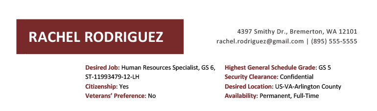 Example of a properly formatted header on a federal resume, featuring contact details and additional information about citizenship status.