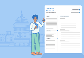 Example of a federal resume with a candidate standing next to it. The background is blue with an illustration of the Congress building.