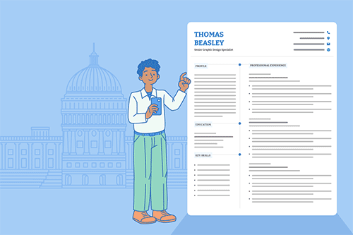 Example of a federal resume with a candidate standing next to it. The background is blue with an illustration of the Congress building.