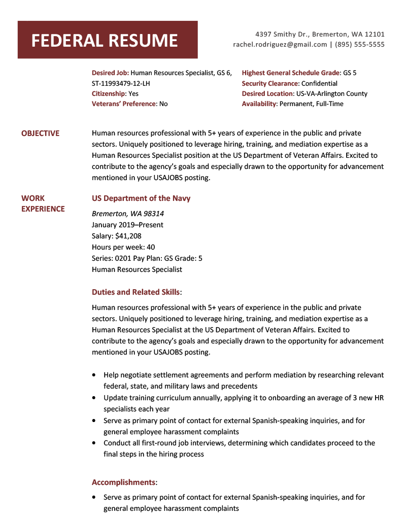 An example of a federal resume template