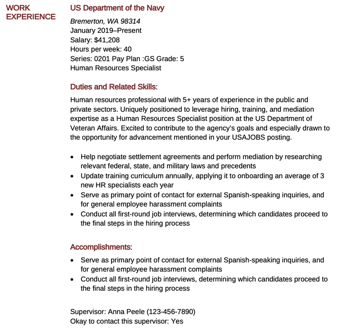 An example of a federal resume work experience section