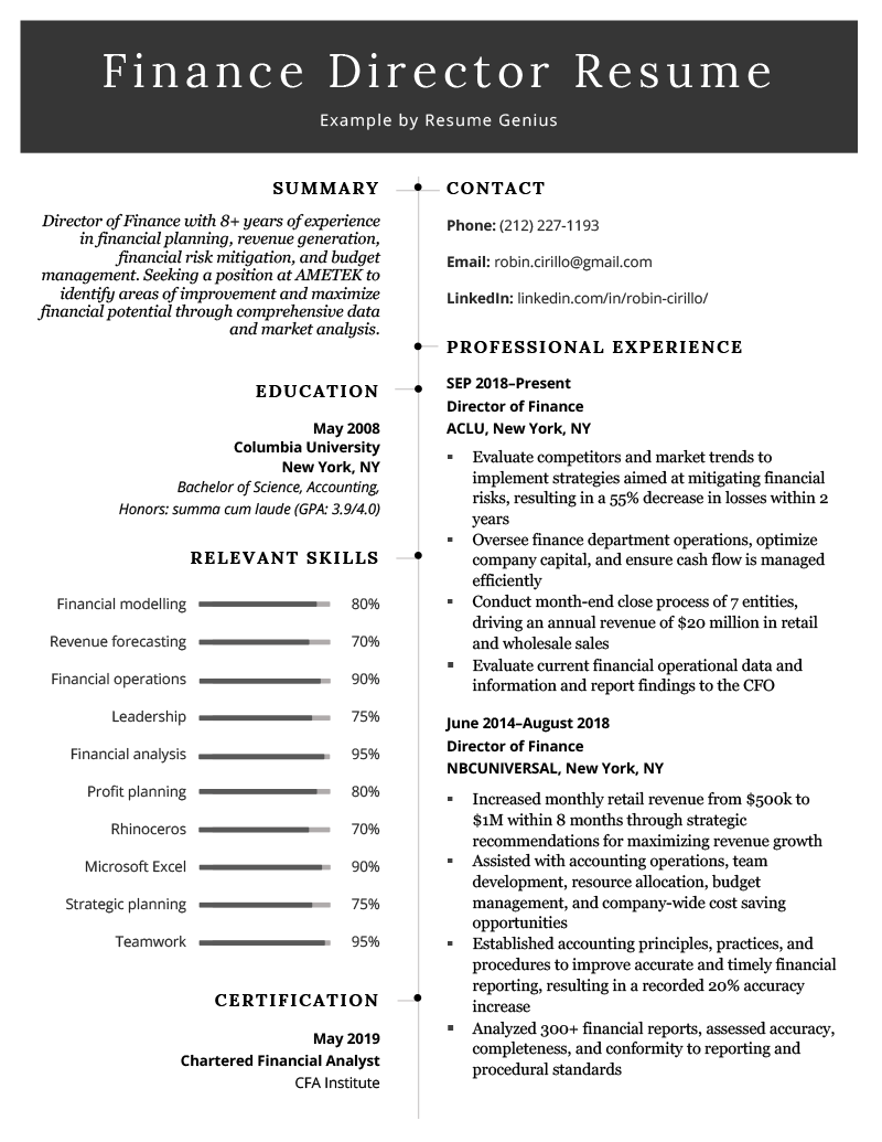 A finance director resume sample using a black and white template with a large horizontal header