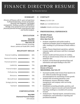 A finance director resume sample using a black and white template with a large horizontal header