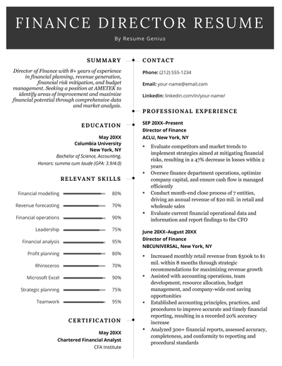 A finance director resume sample using a black and white template with a large horizontal header