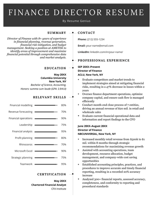 A finance director resume sample using a black and white template with a large horizontal header