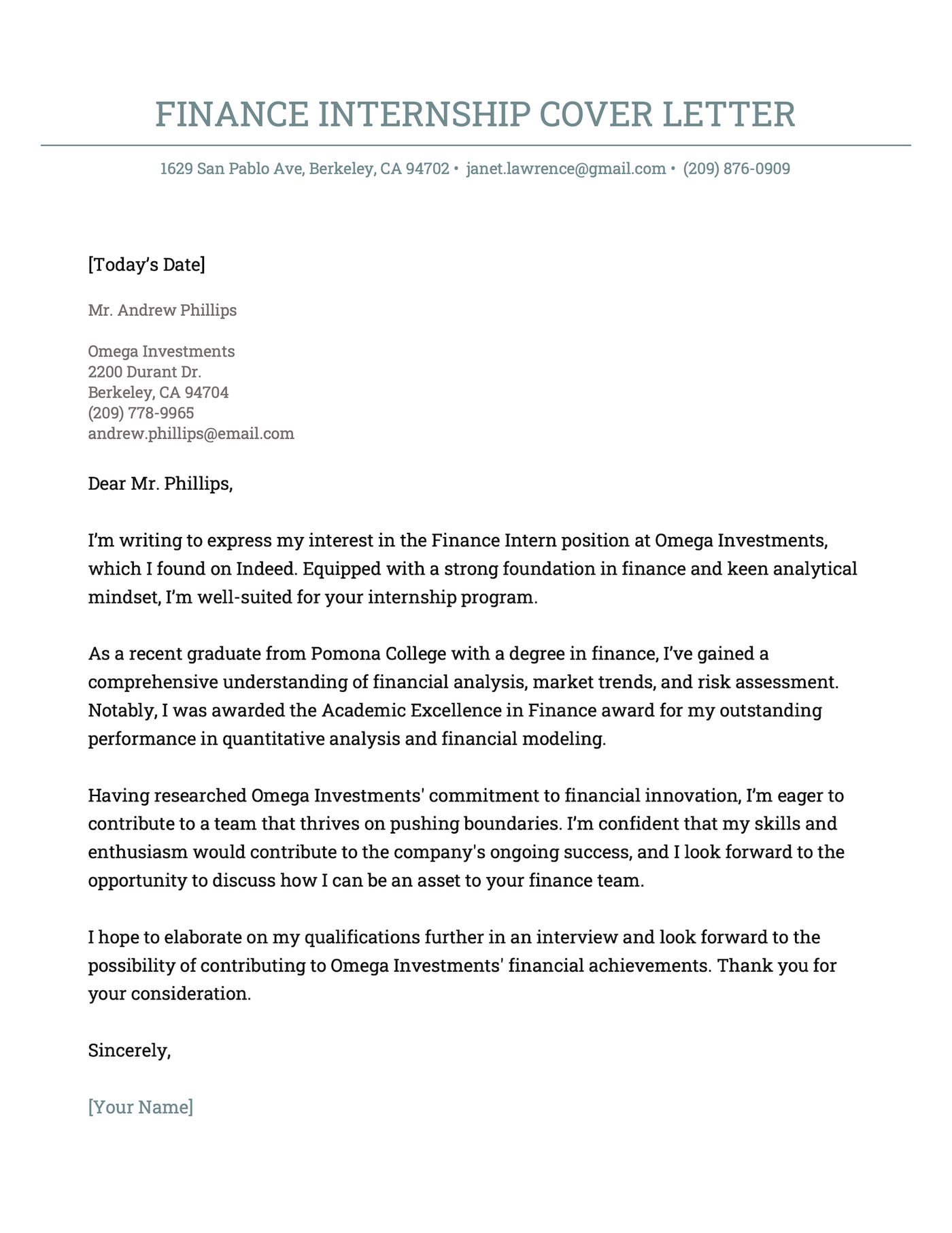 A cover letter example for a finance internship.