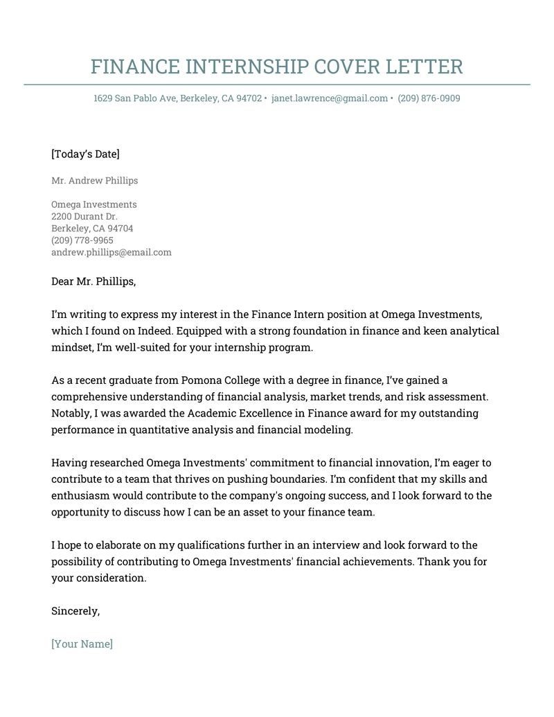 Example of a cover letter for a finance internship that uses a simple cover letter template in turquoise.