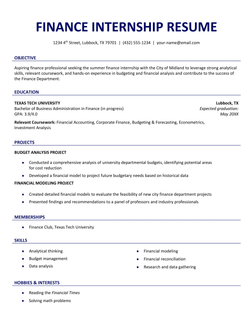 A finance internship resume example.