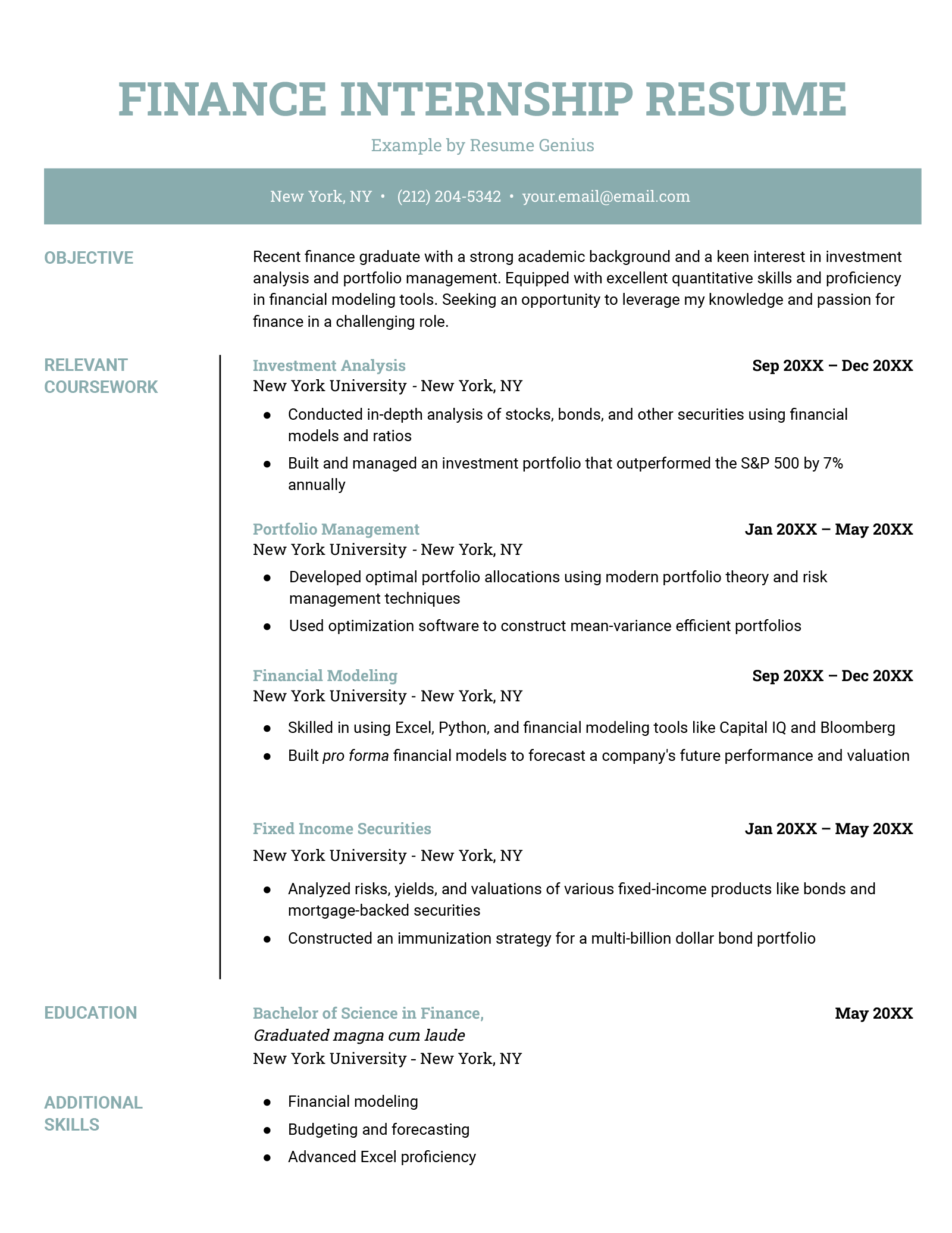 An example resume for a finance internship.