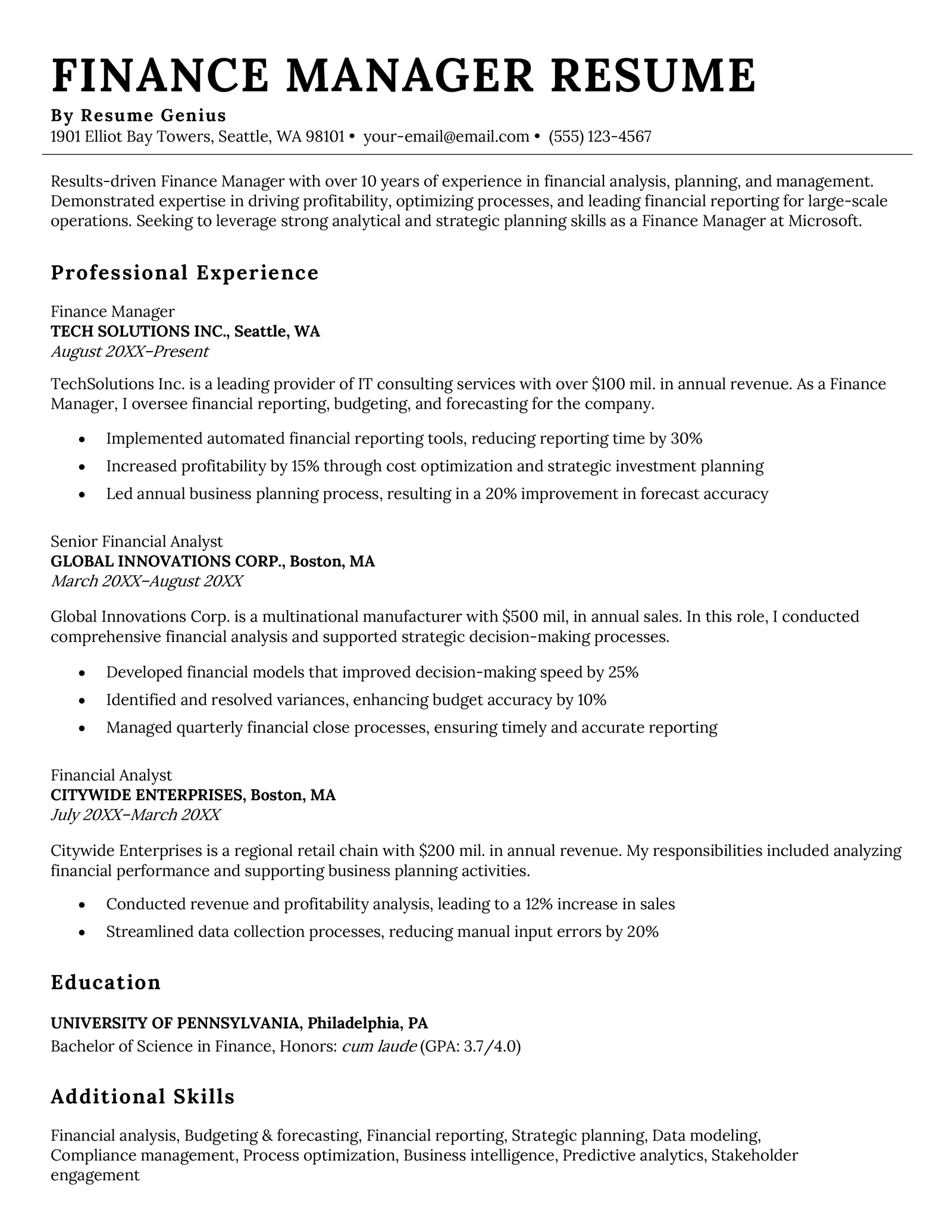 Finance Resume Template 8 Examples - Finance Manager Resume Example Free Download 