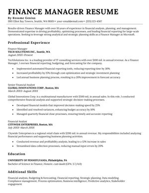 A finance manager resume example.