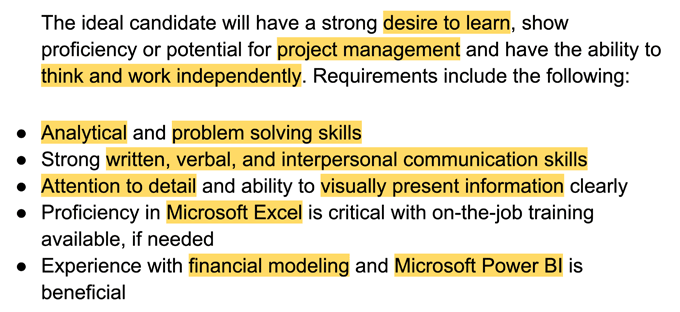 An example of finance resume keywords in a job ad