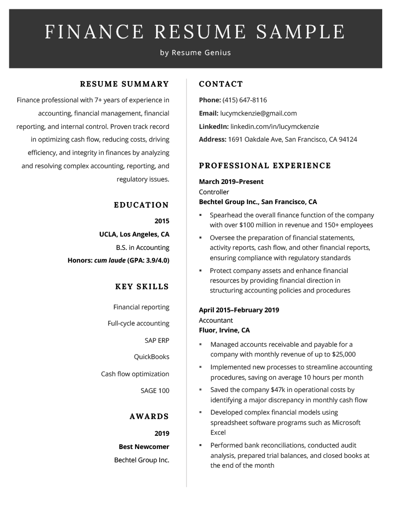 A finance resume example with a dark header and sections for the applicant's resume summary, work experience, education, key skills, and awards