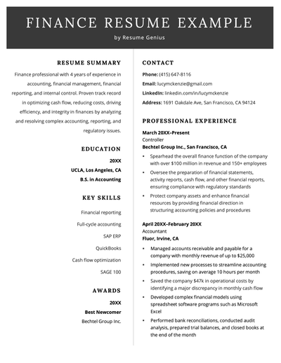 A finance resume example with a dark header and sections for the applicant's resume summary, work experience, education, key skills, and awards