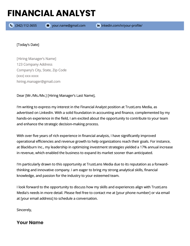 An example of a cover letter for a financial analyst position on a modern template with a light blue header bar for contact information.