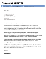 An example of a cover letter for a financial analyst position on a modern template with a light blue header bar for contact information.