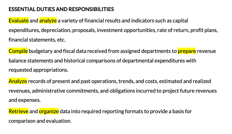 An example of a job description for a financial analyst position that breaks down major responsibilities.