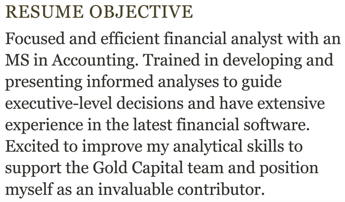 A financial analyst resume example with a green header and three sentences explaining the applicant's relevant information