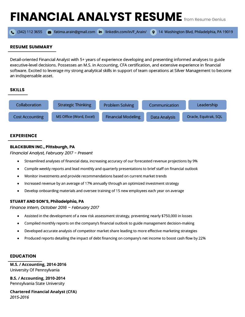 financial analyst resume sample