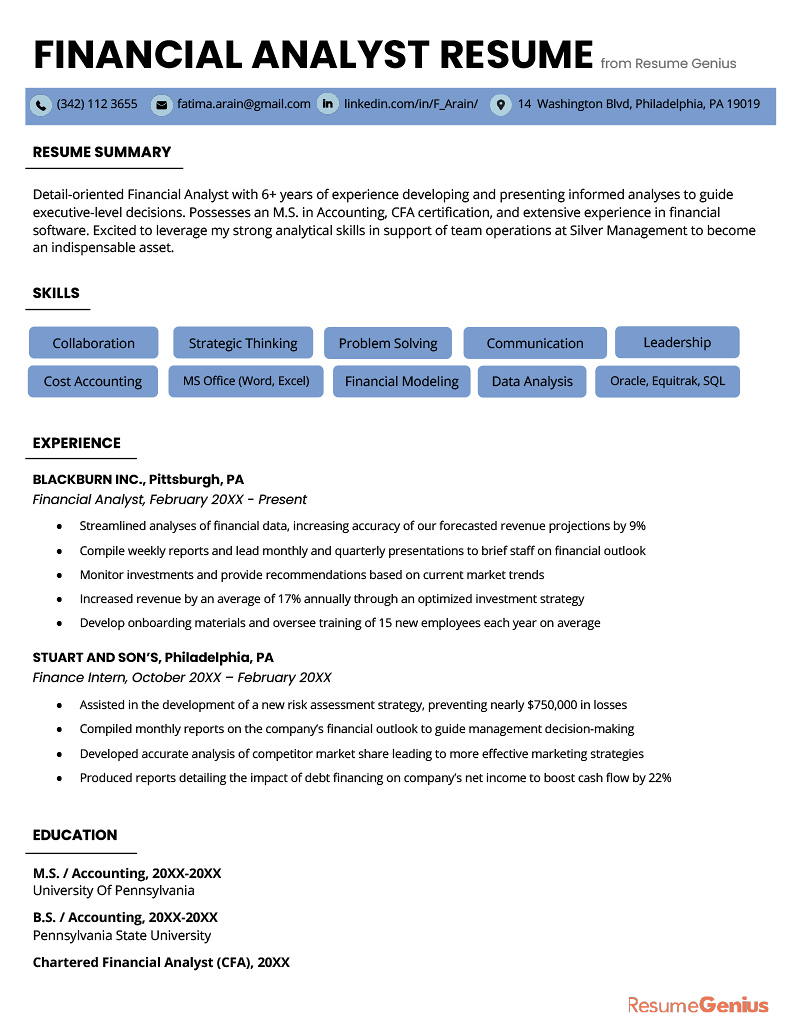 financial analyst resume sample