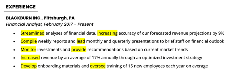 An example of the work experience section of a financial analyst resume that targets keywords from the job description.