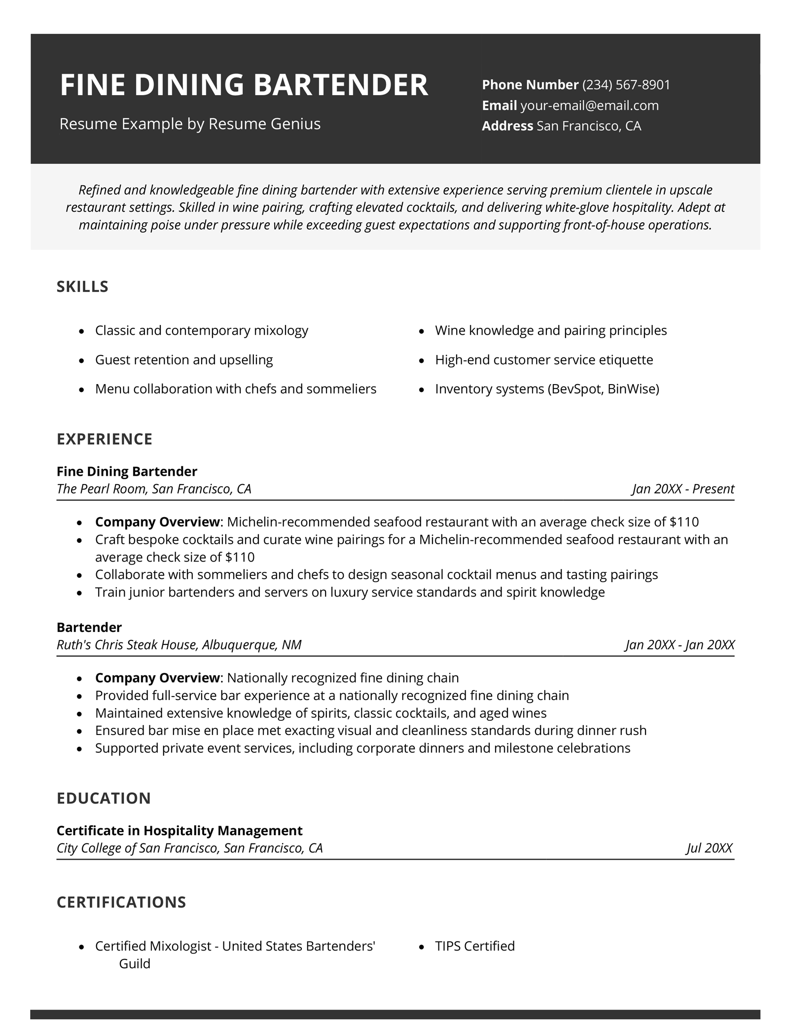 A fine dining bartender resume example.
