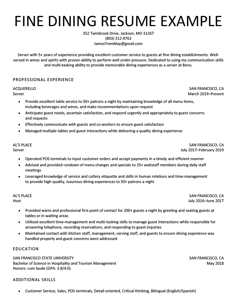 Fine Dining Resume Example for Free Download