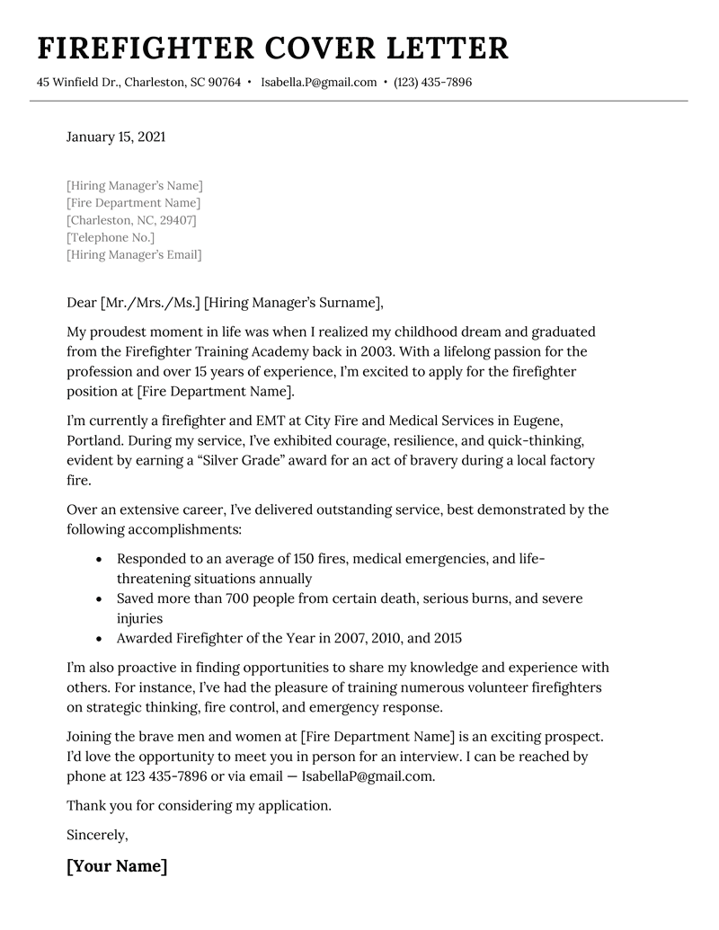 A firefighter cover letter example and template
