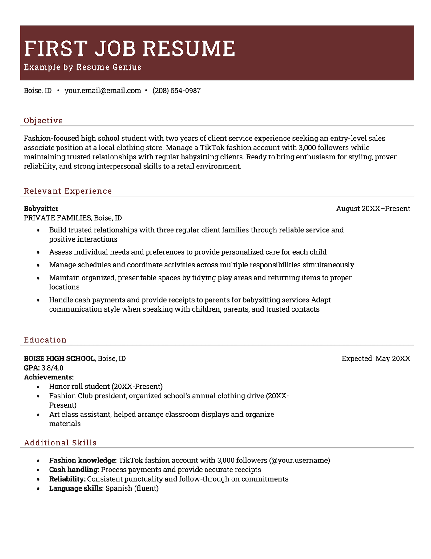 A resume sample for a teenager with no experience seeking their first job