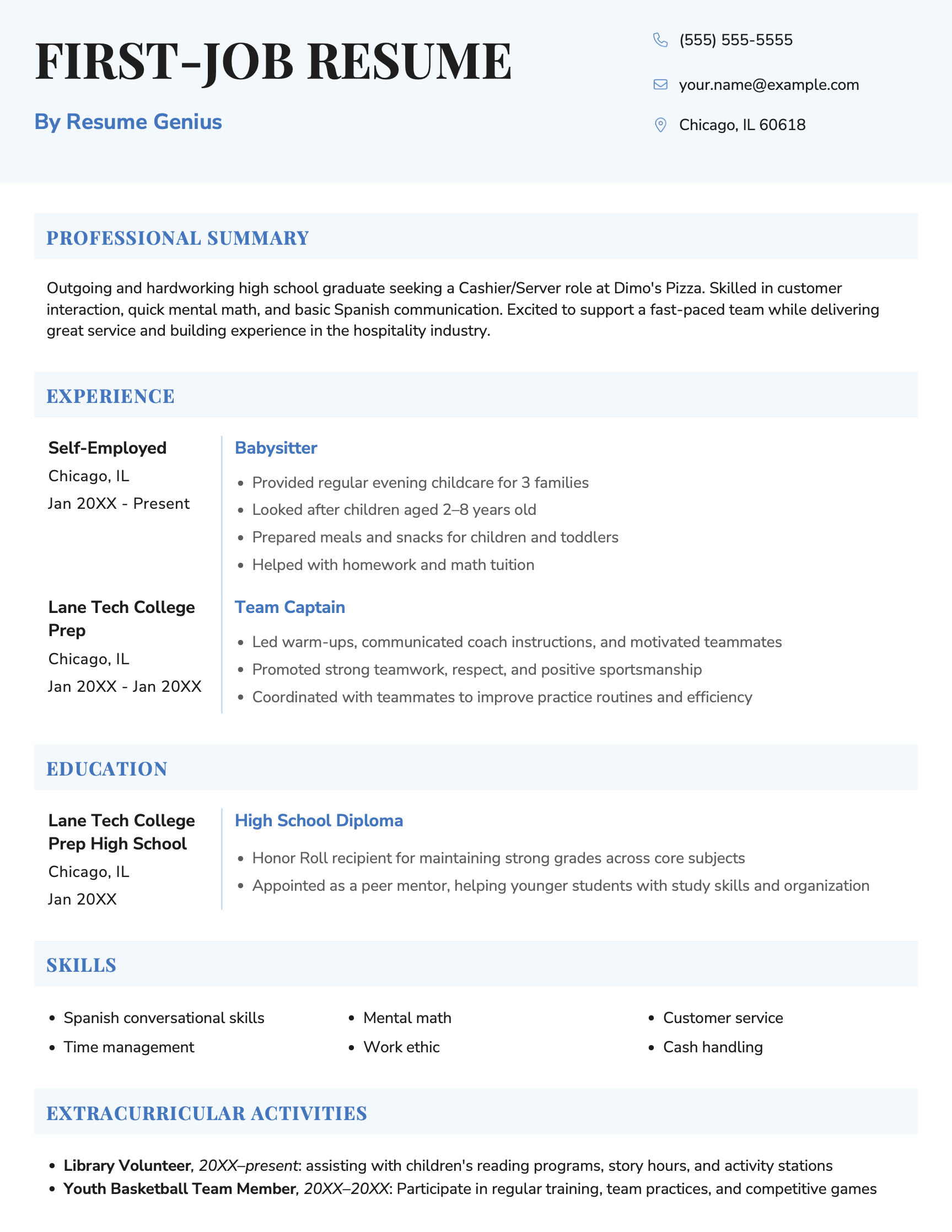 Example of how to write a resume for your first job.