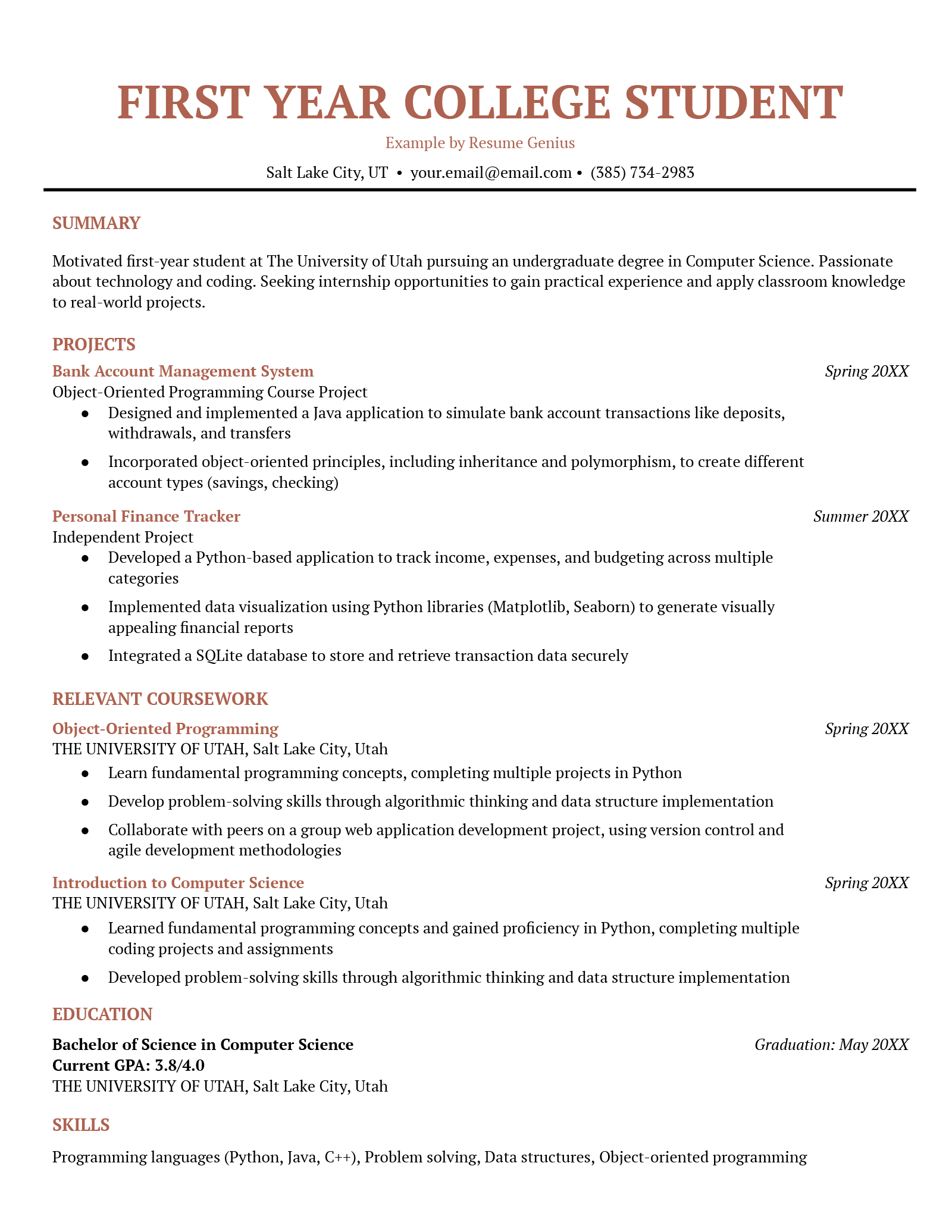 An example resume for a first-year college student. 