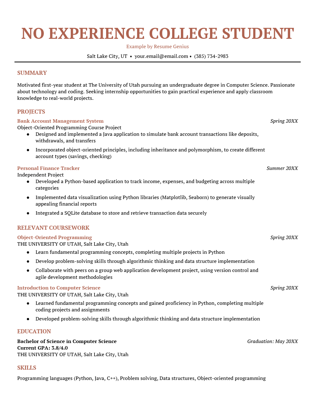 An example of a resume for a first year college student.