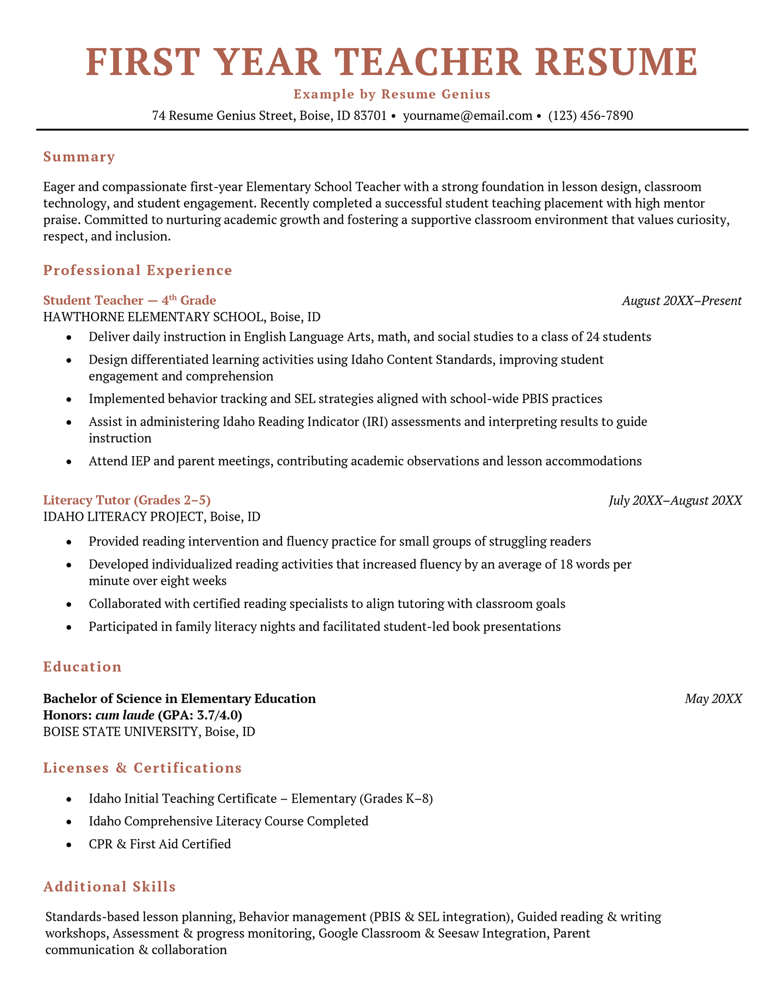 A first-year teacher resume example.