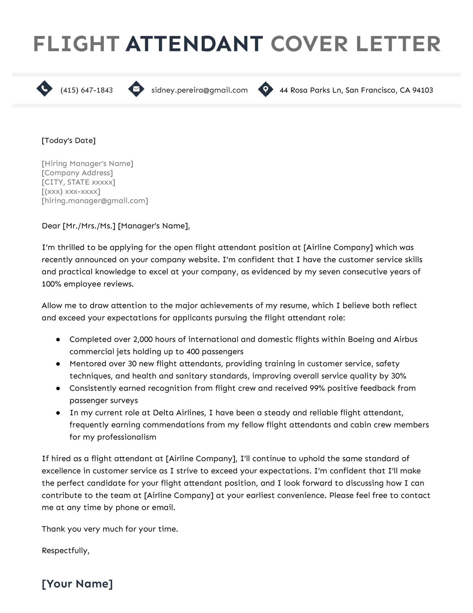 A flight attendant cover letter example with large, multi-colored text in the header to make the applicant stand out