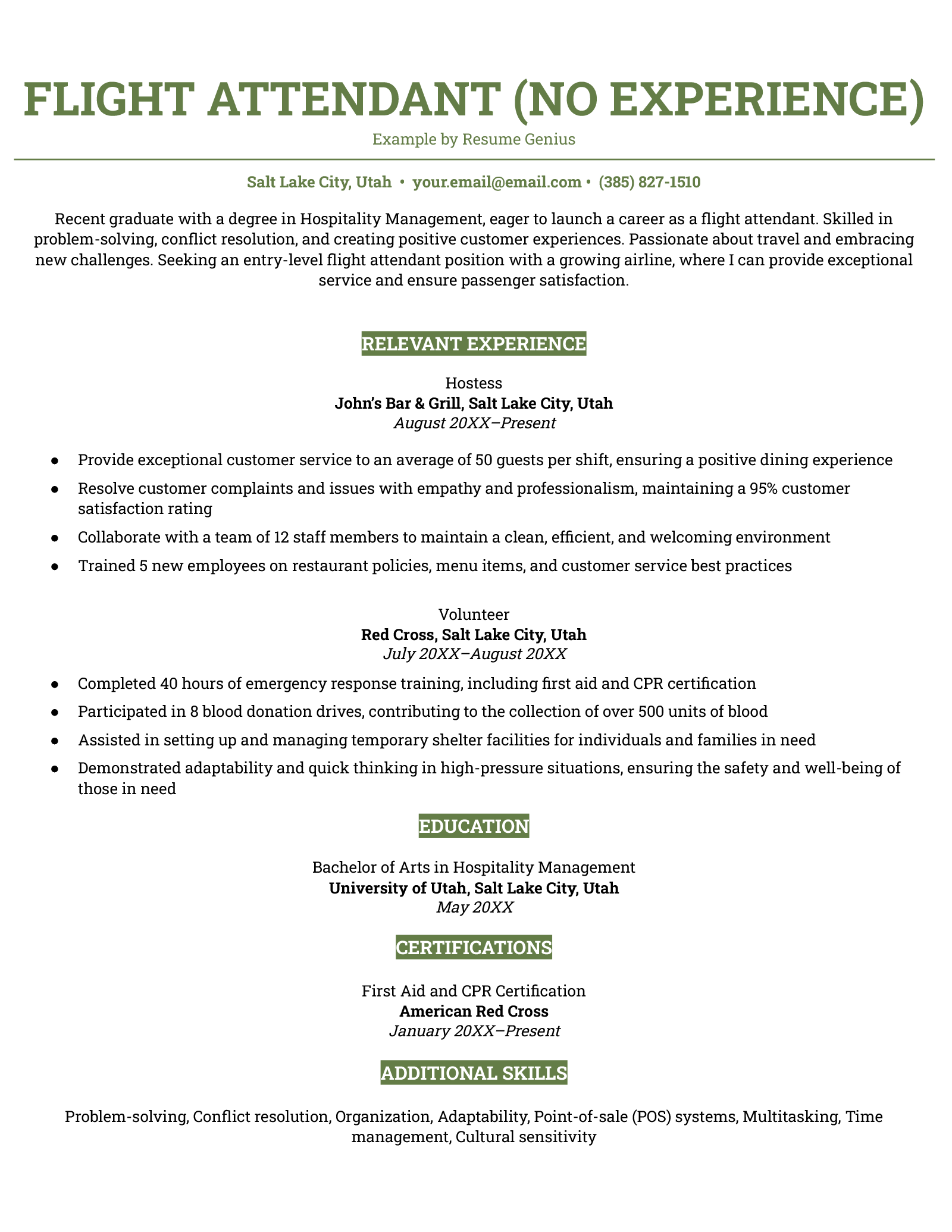 An example of a flight attendant resume for a candidate with no experience.