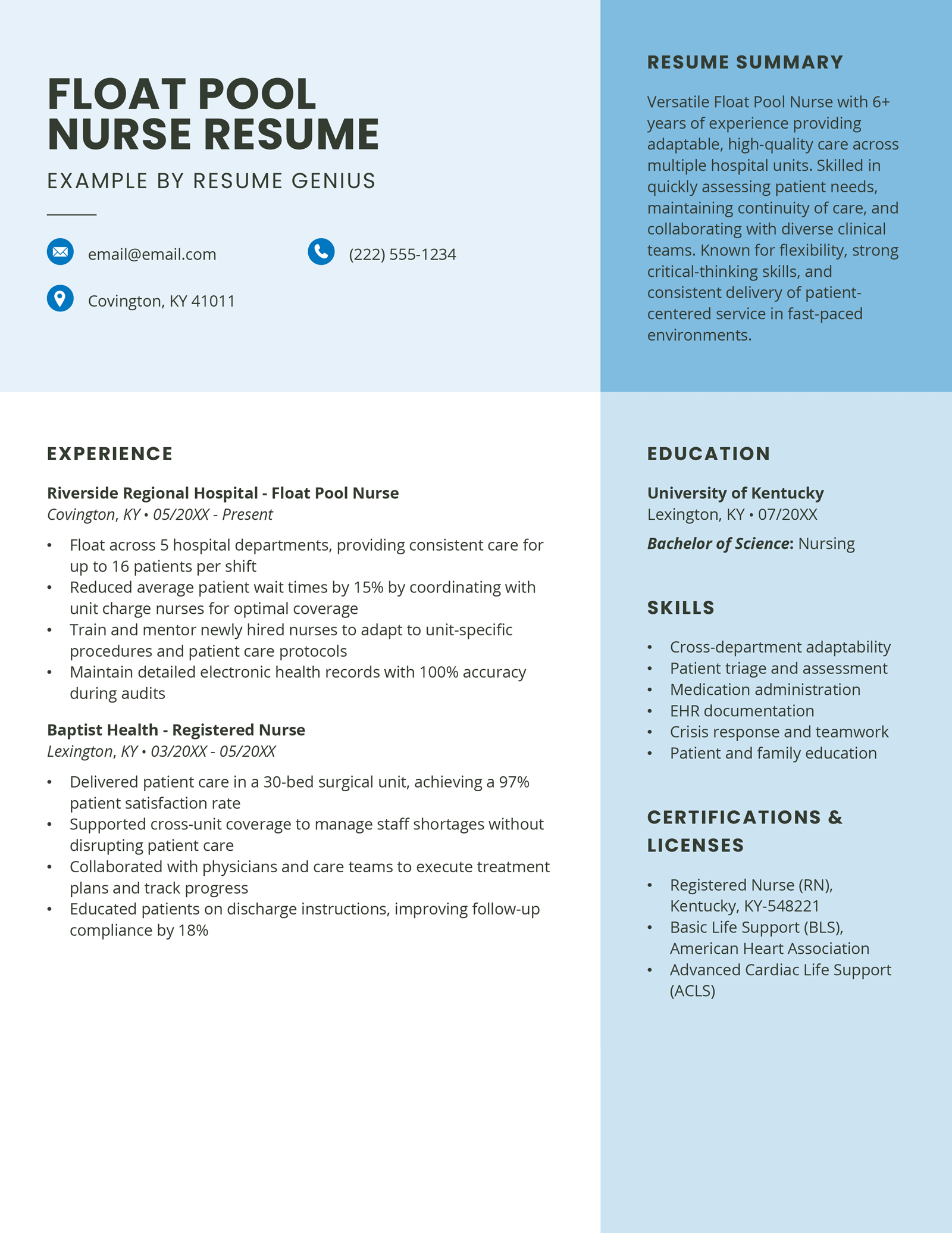 A float pool nurse resume example.