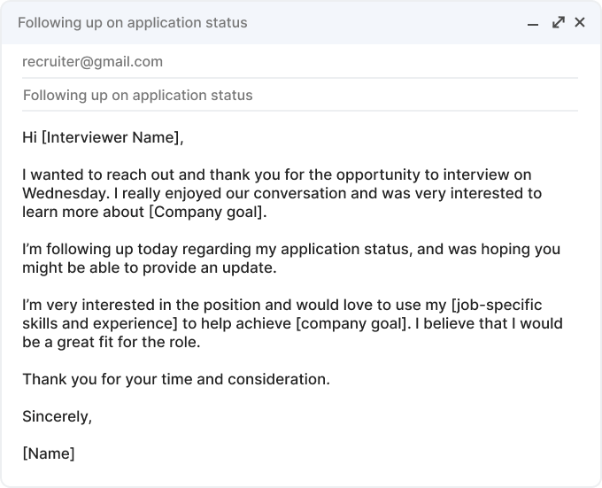 Example image of a follow up email after an interview inquiring about application status.