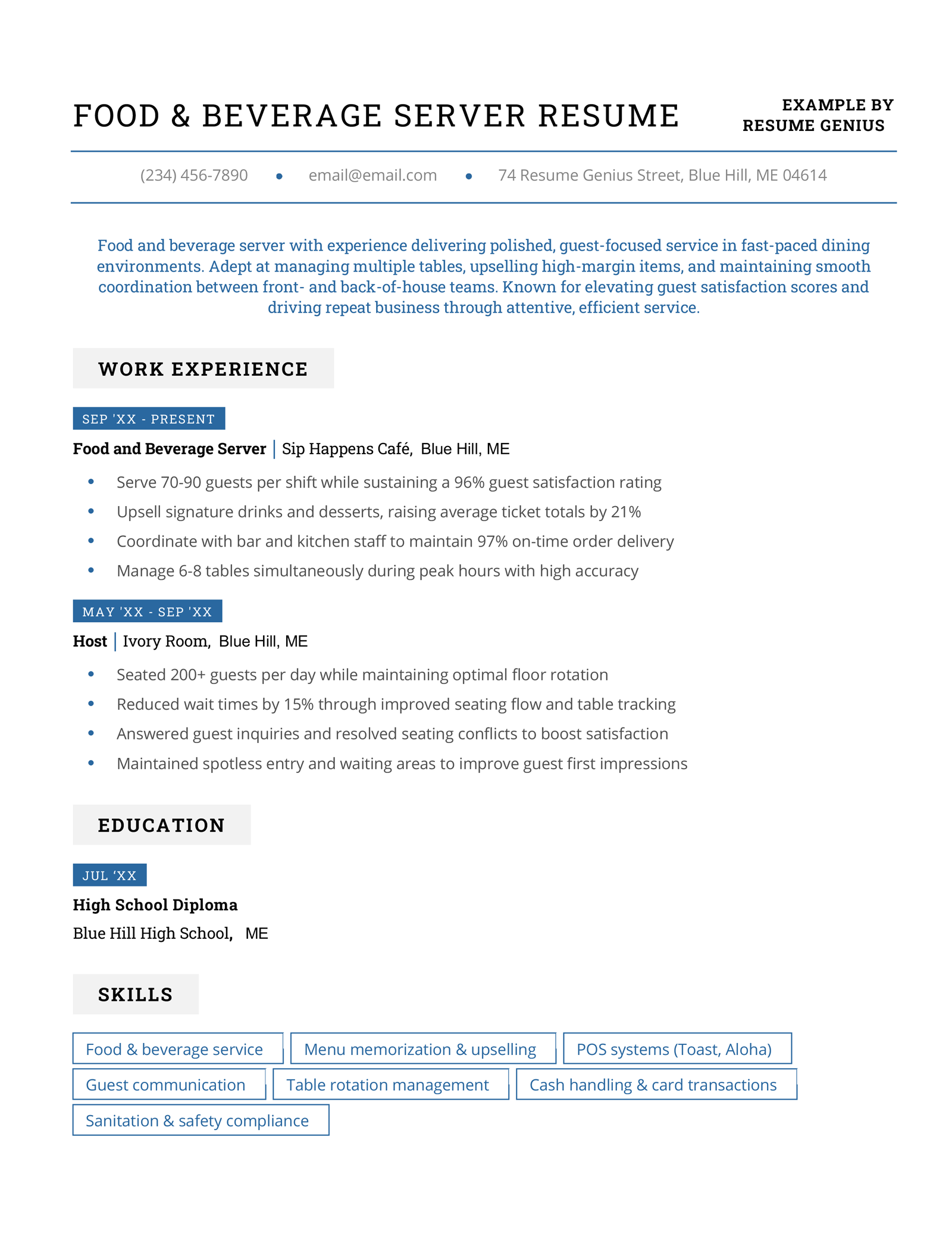 A food and beverage server resume example.