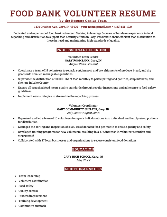 A food bank volunteer resume example.