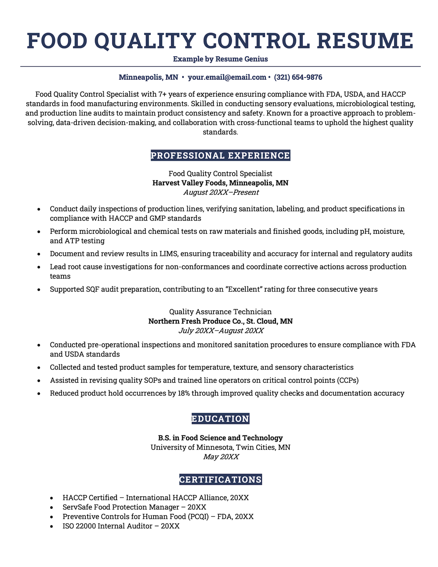 A food quality control resume example.