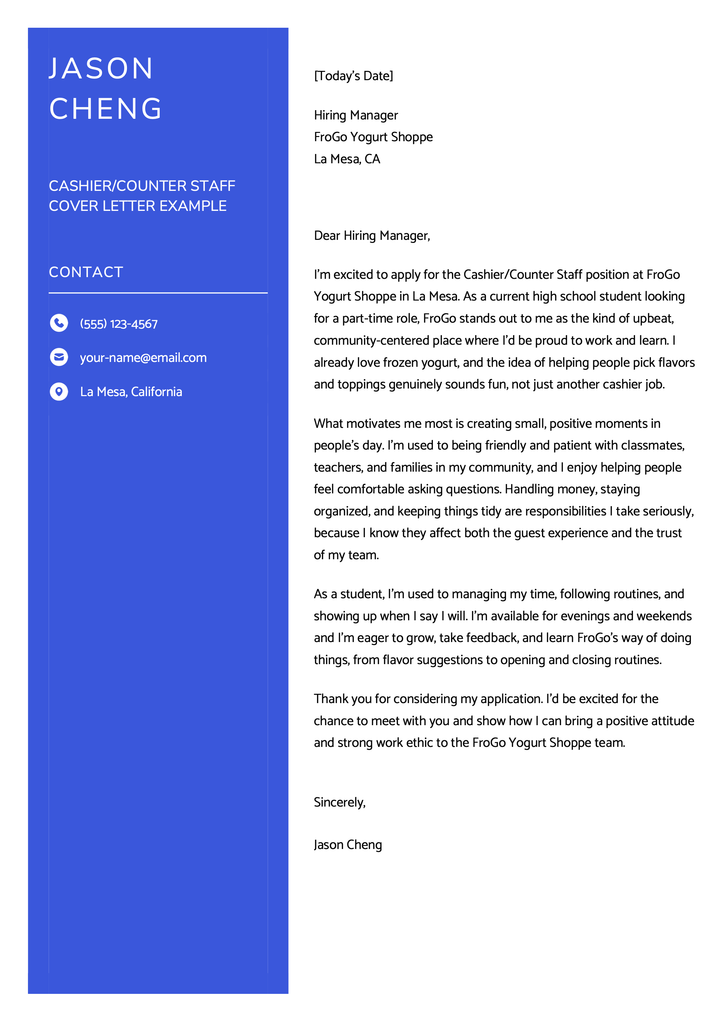 An example of a cover letter for a food service position written by a high school student.