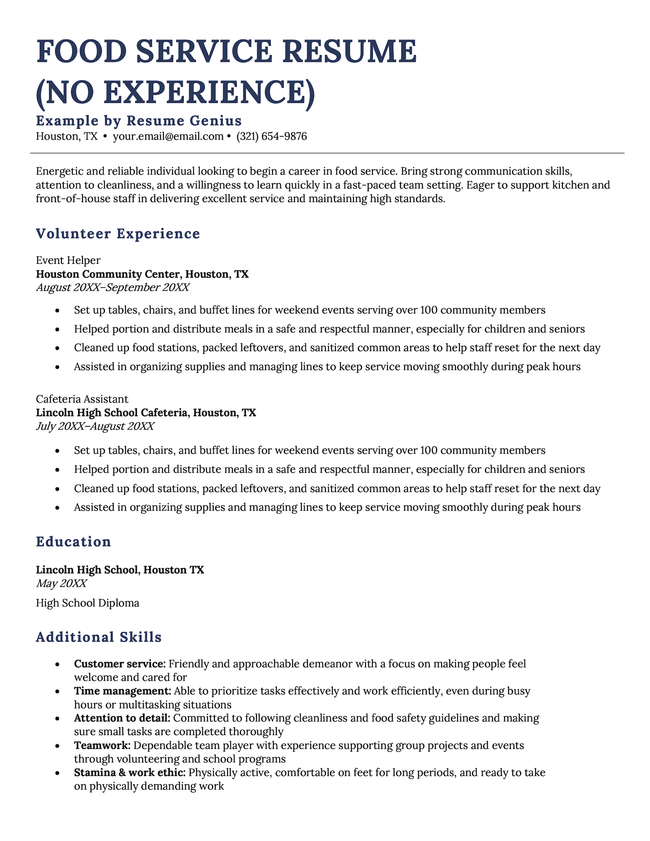 An example resume for a food service role by a candidate with no experience.