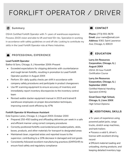 A professionally written forklift operator resume sample with a gray header