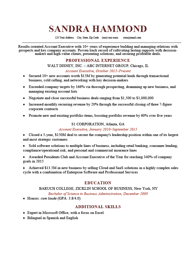 An example of a formal resume layout