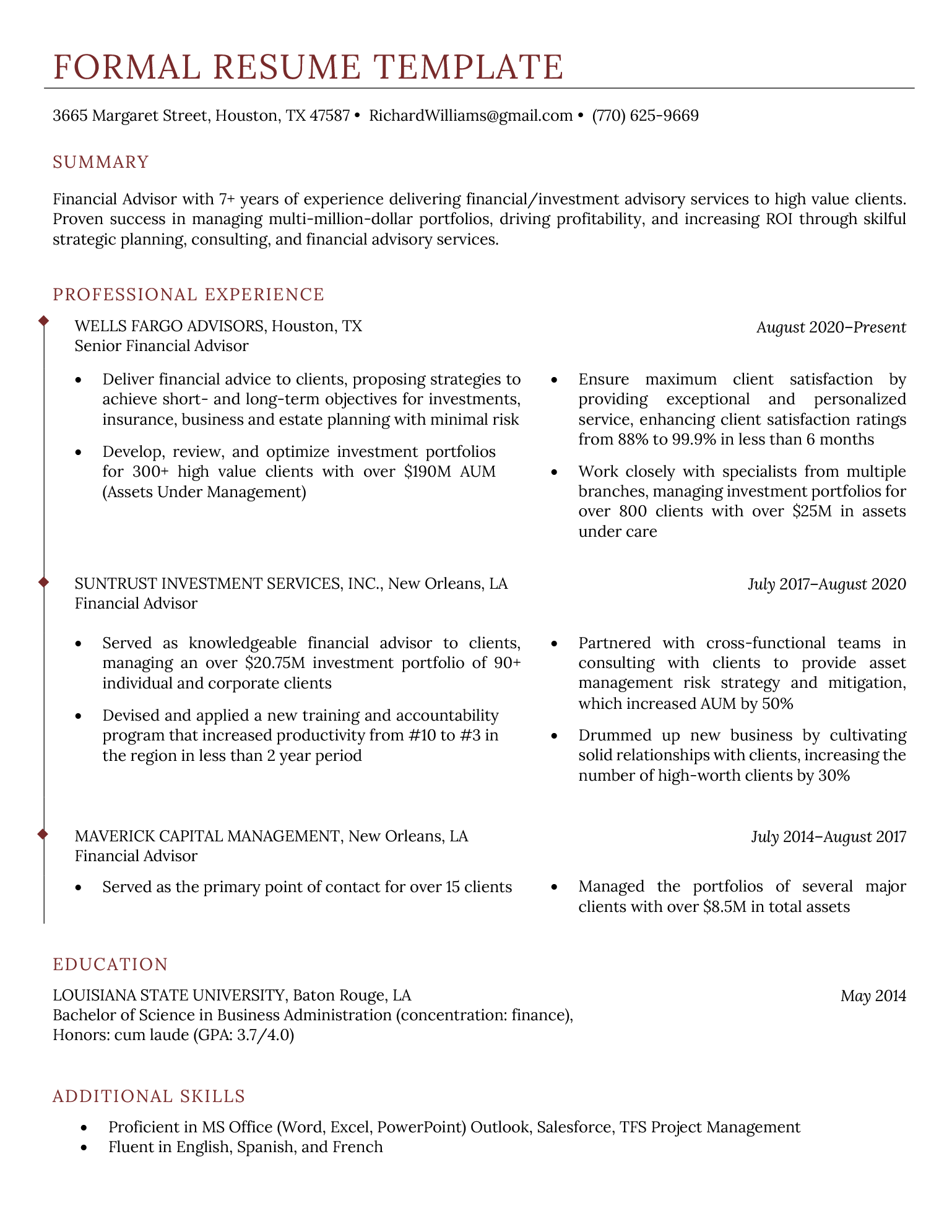 Formal resume template with red headers and a simple, professional design.