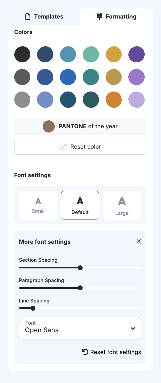 The formatting tab in the Resume Genius resume builder.
