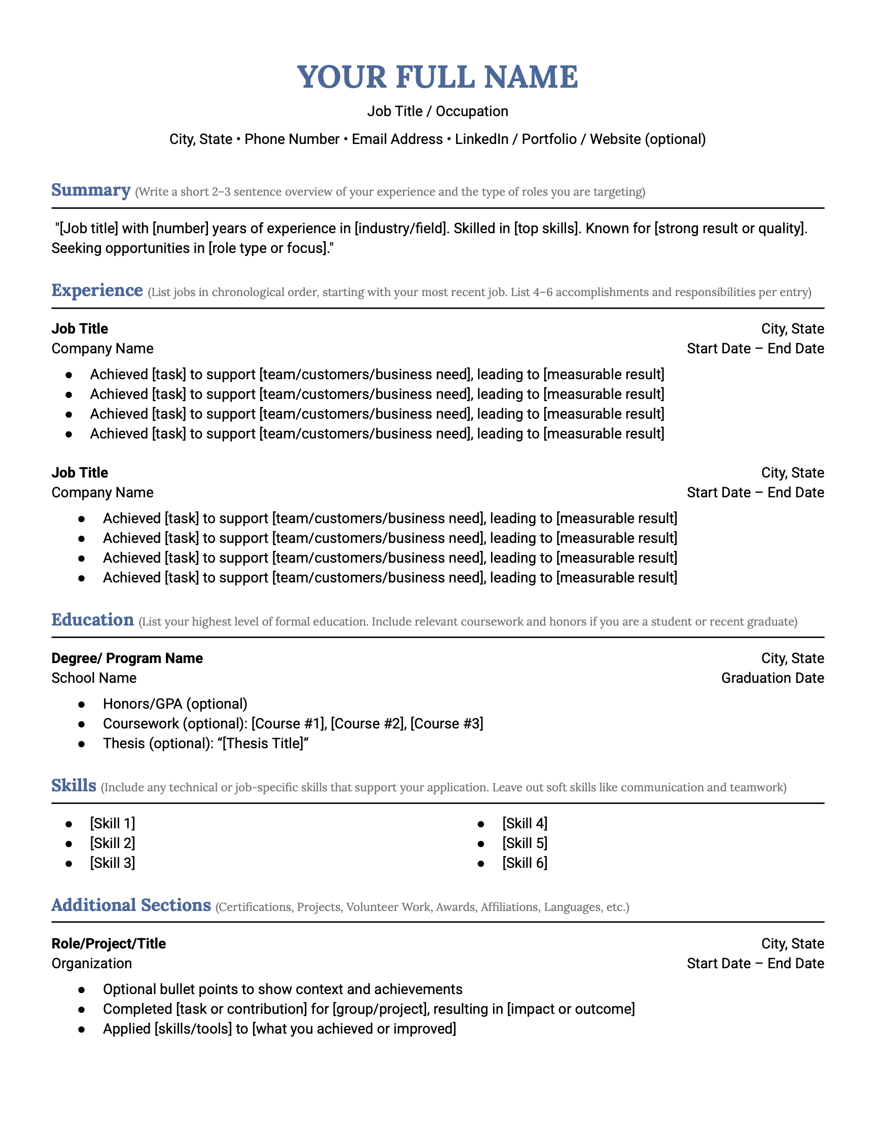 A free editable resume outline for Google Docs