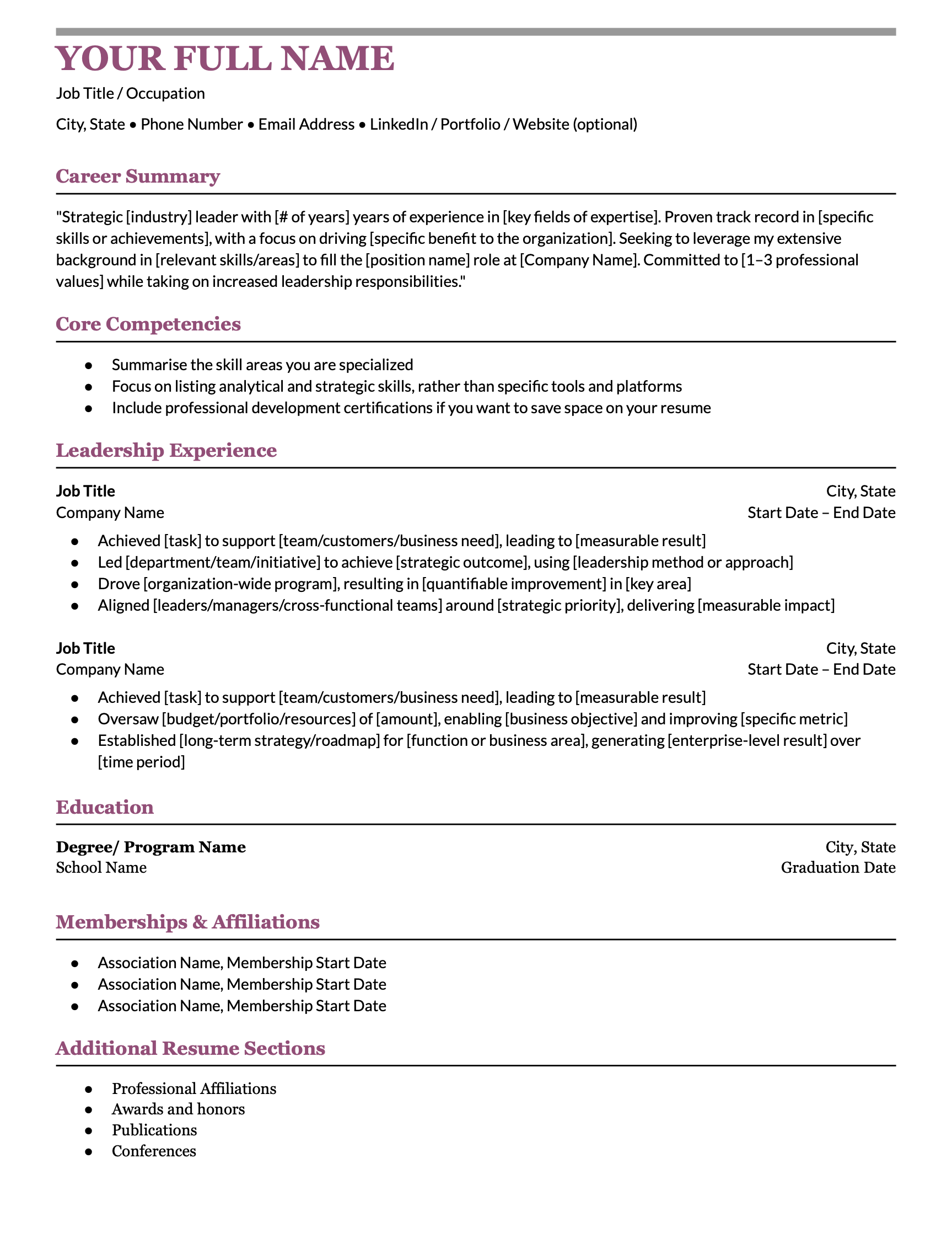 A free resume outline for senior professionals