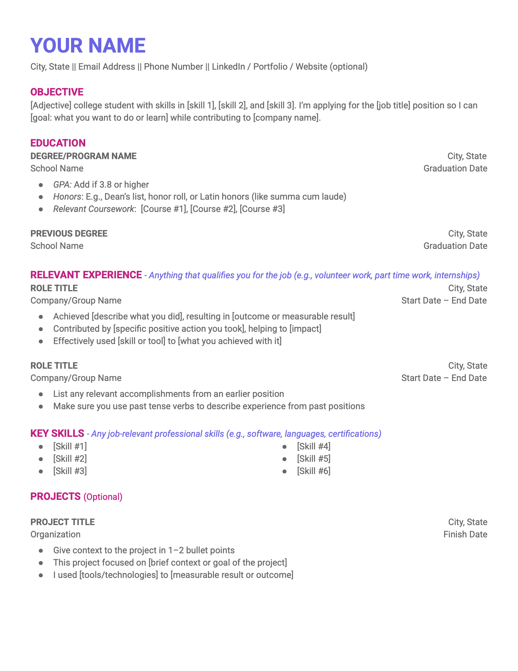 A free resume outline for students that can be edited in Google Docs