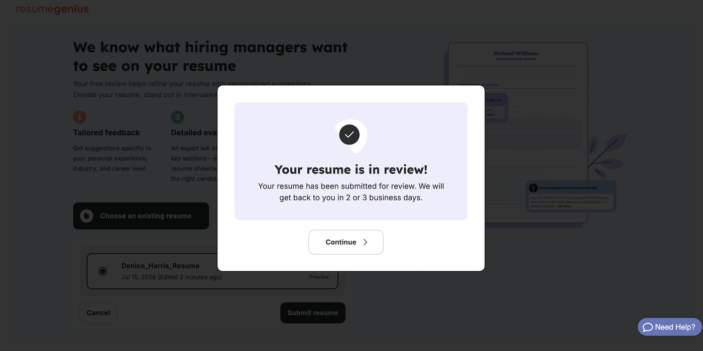 The Resume Genius free resume review confirmation screen.